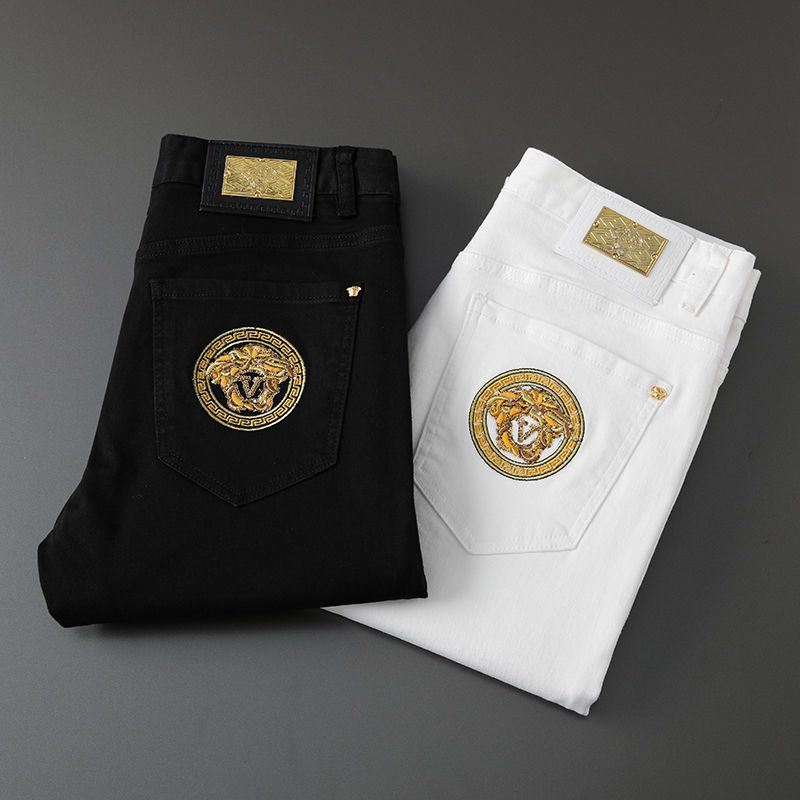 New high-end stretch embroidered pure black jeans leather