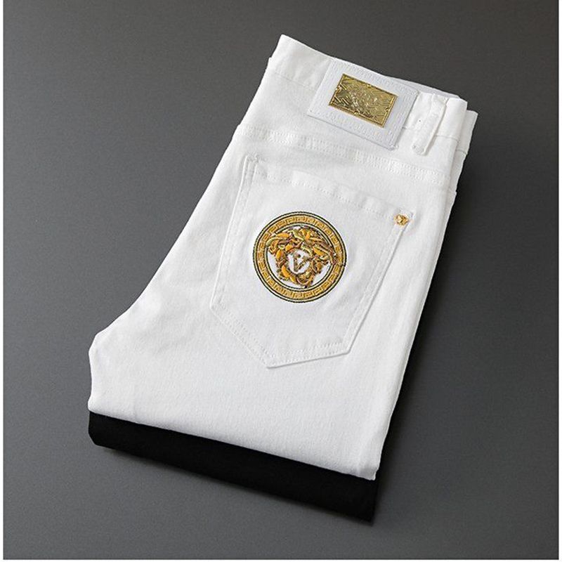 New high-end stretch embroidered pure black jeans leather