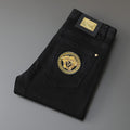 New high-end stretch embroidered pure black jeans leather