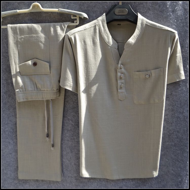 Style Summer Men's Cotton and Linen Short Sleeve T-Shirt Set, Loose Plus Size Retro Linen Two-Piece T-Shirt
