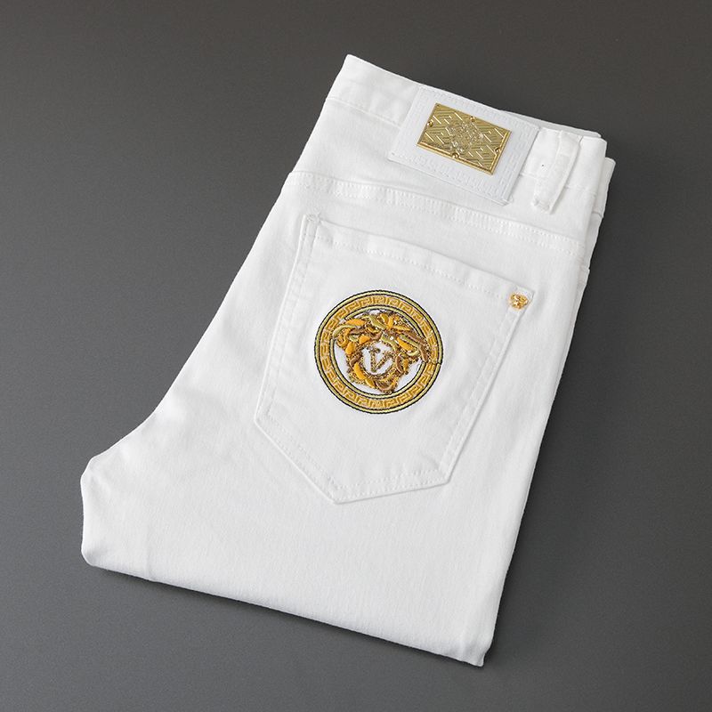 New high-end stretch embroidered pure black jeans leather