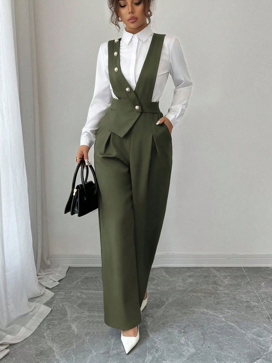 Faux Two-Piece Double-Breasted Long Sleeve Blouse