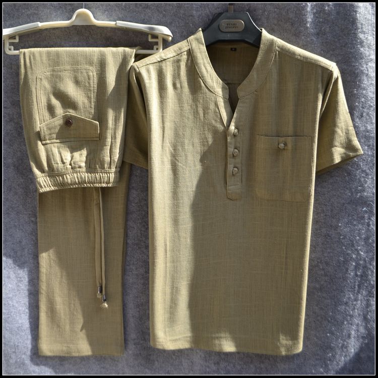 Style Summer Men's Cotton and Linen Short Sleeve T-Shirt Set, Loose Plus Size Retro Linen Two-Piece T-Shirt