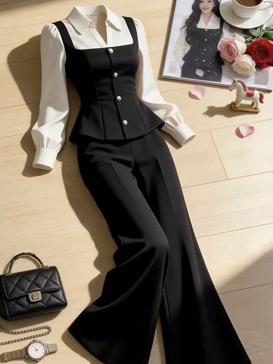 Faux Two-Piece Double-Breasted Long Sleeve Blouse