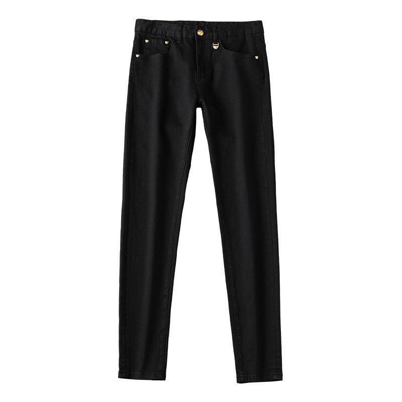 New high-end stretch embroidered pure black jeans leather