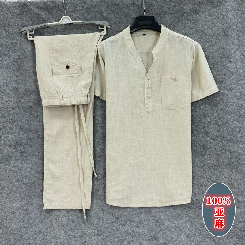 Style Summer Men's Cotton and Linen Short Sleeve T-Shirt Set, Loose Plus Size Retro Linen Two-Piece T-Shirt