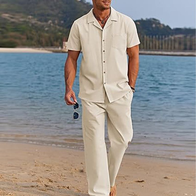 Style Summer Men's Cotton and Linen Short Sleeve T-Shirt Set, Loose Plus Size Retro Linen Two-Piece T-Shirt