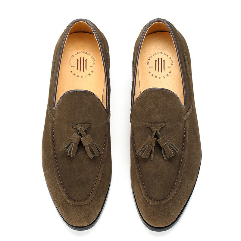 First layer leather handmade men's loafers, classic slip-on tassel loafers, trendy loafers
