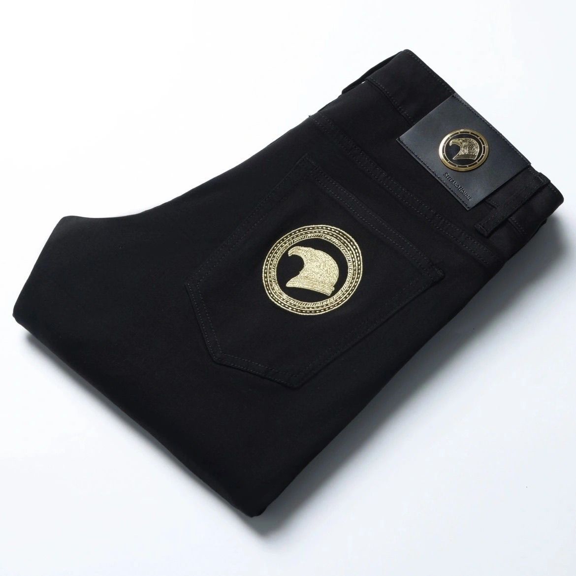 Untitled MarLuxury trendy thick men's black jeans, new autumn and winter style with golden eagle head.23_07:02