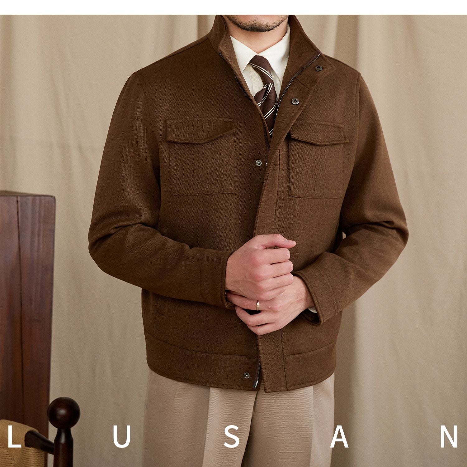 Mr. Lu San's short stand-up collar fashion commuting faux suede jacket for stylish men