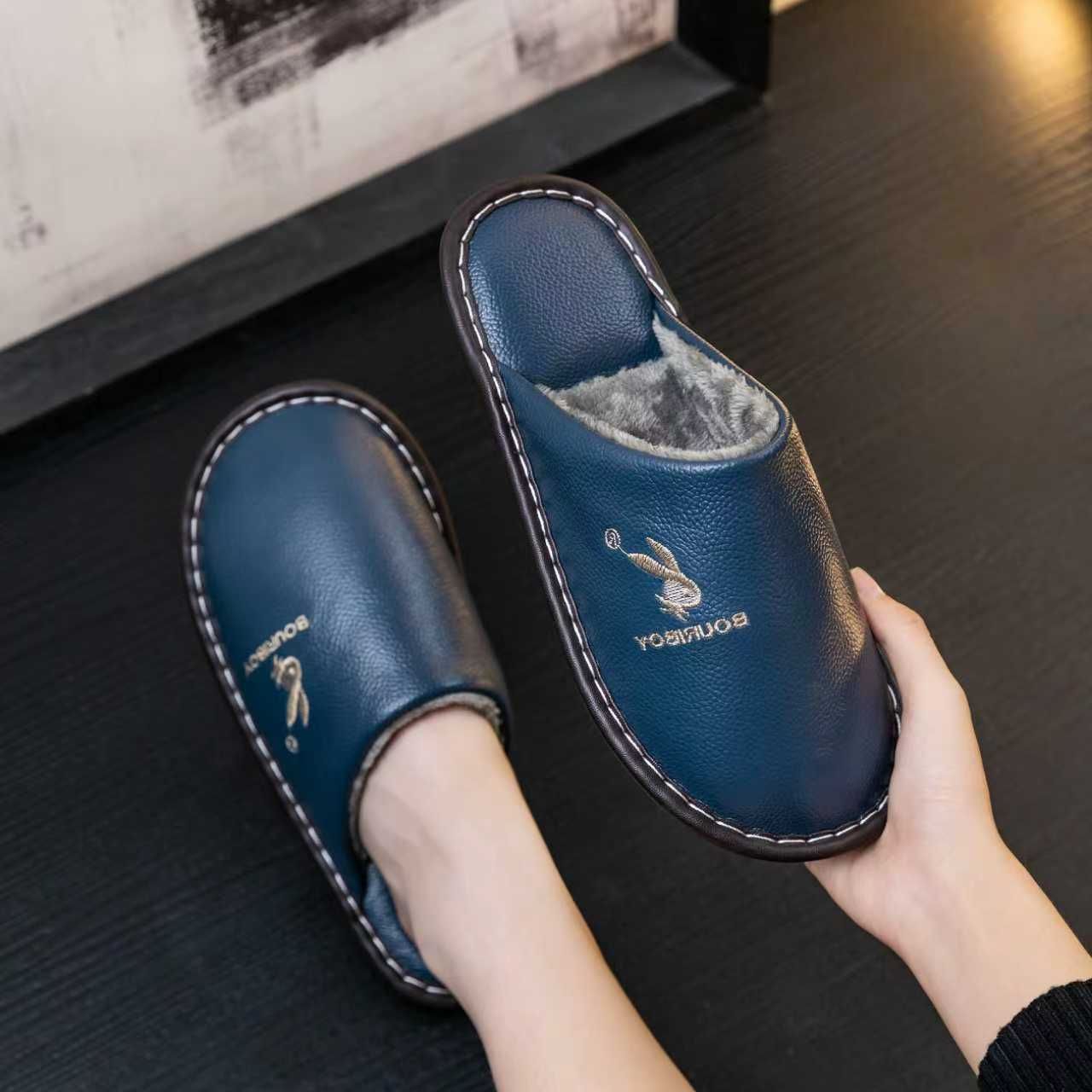 Top-grain cowhide slippers for couples in autumn and winter