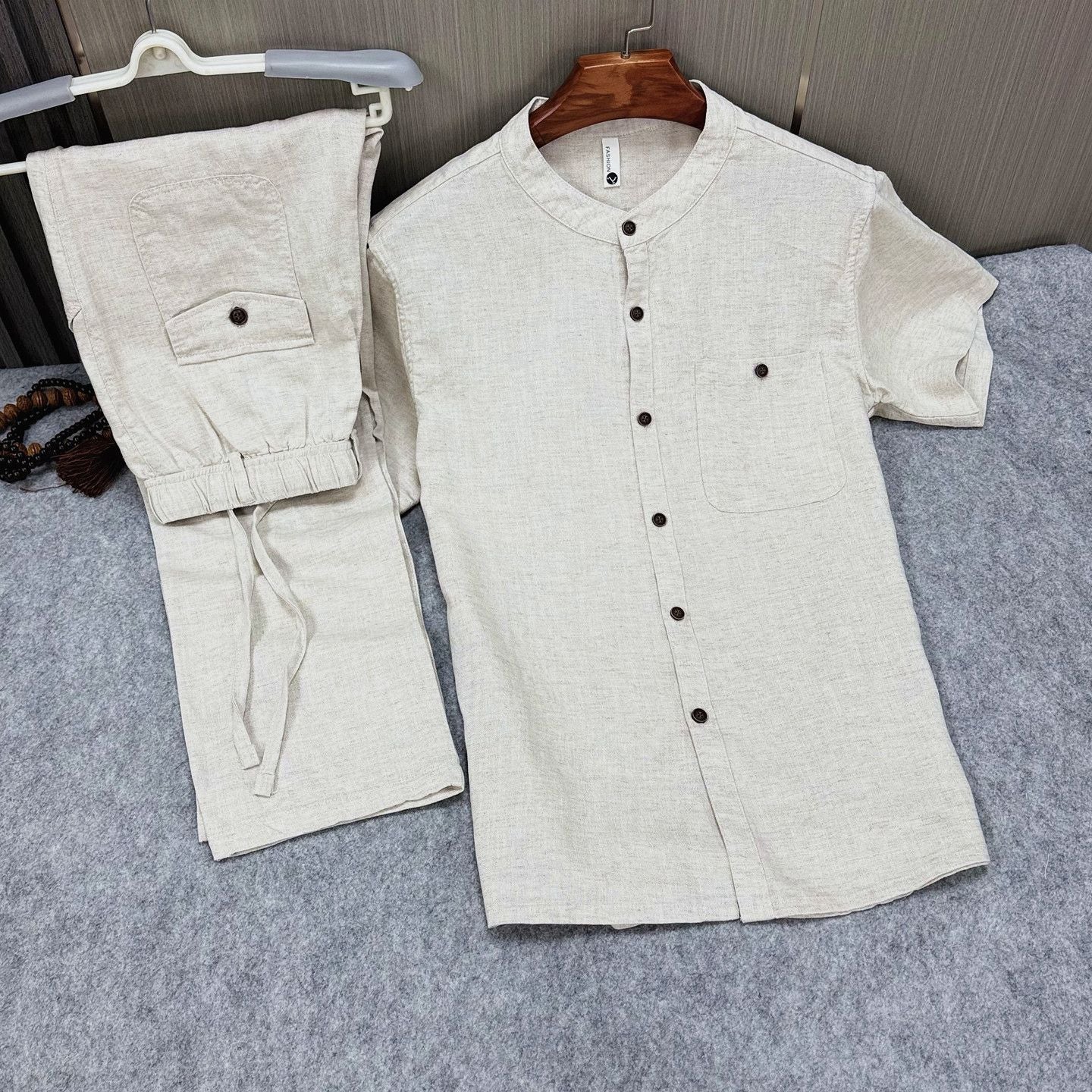 Style Summer Men's Cotton and Linen Short Sleeve T-Shirt Set, Loose Plus Size Retro Linen Two-Piece T-Shirt