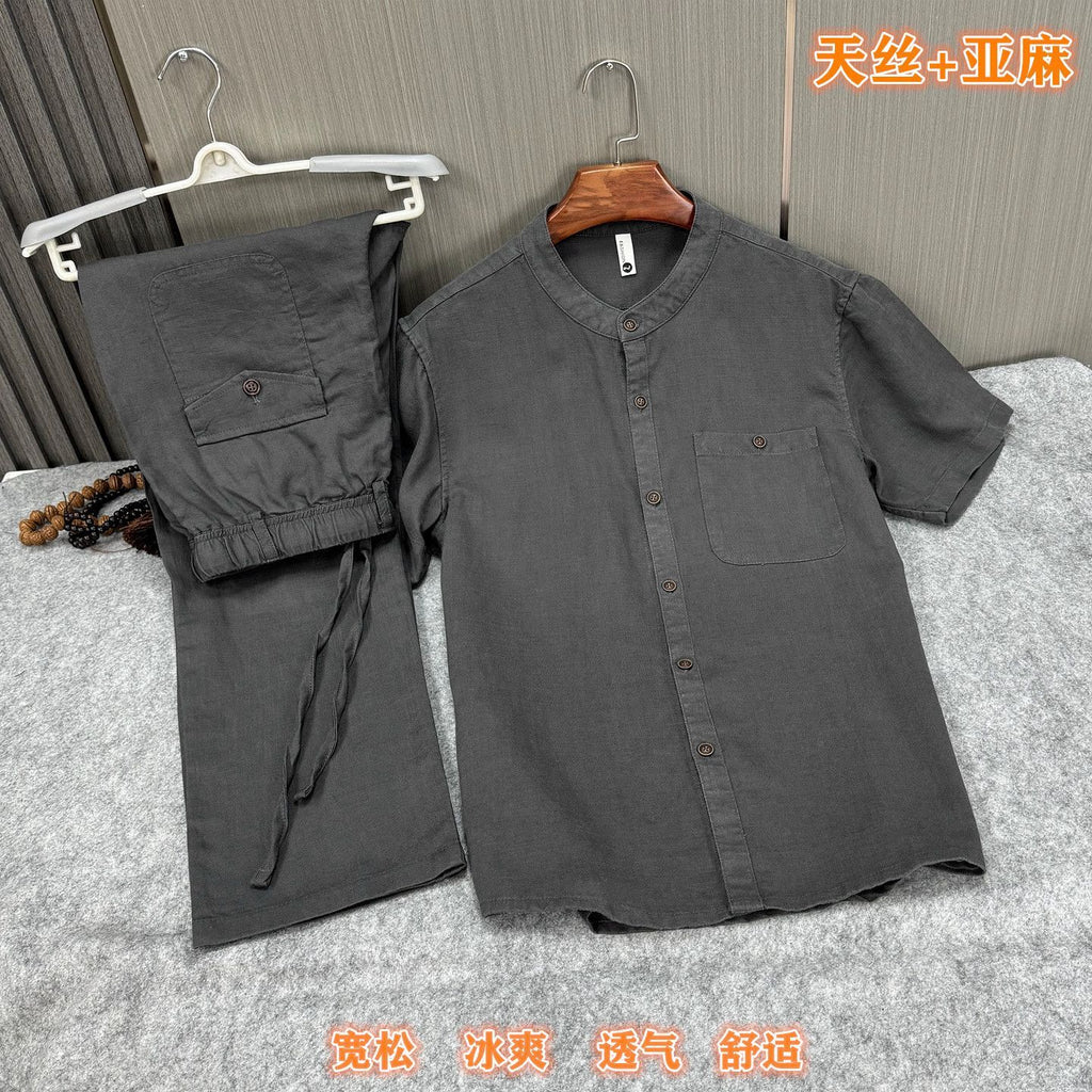 Style Summer Men's Cotton and Linen Short Sleeve T-Shirt Set, Loose Plus Size Retro Linen Two-Piece T-Shirt
