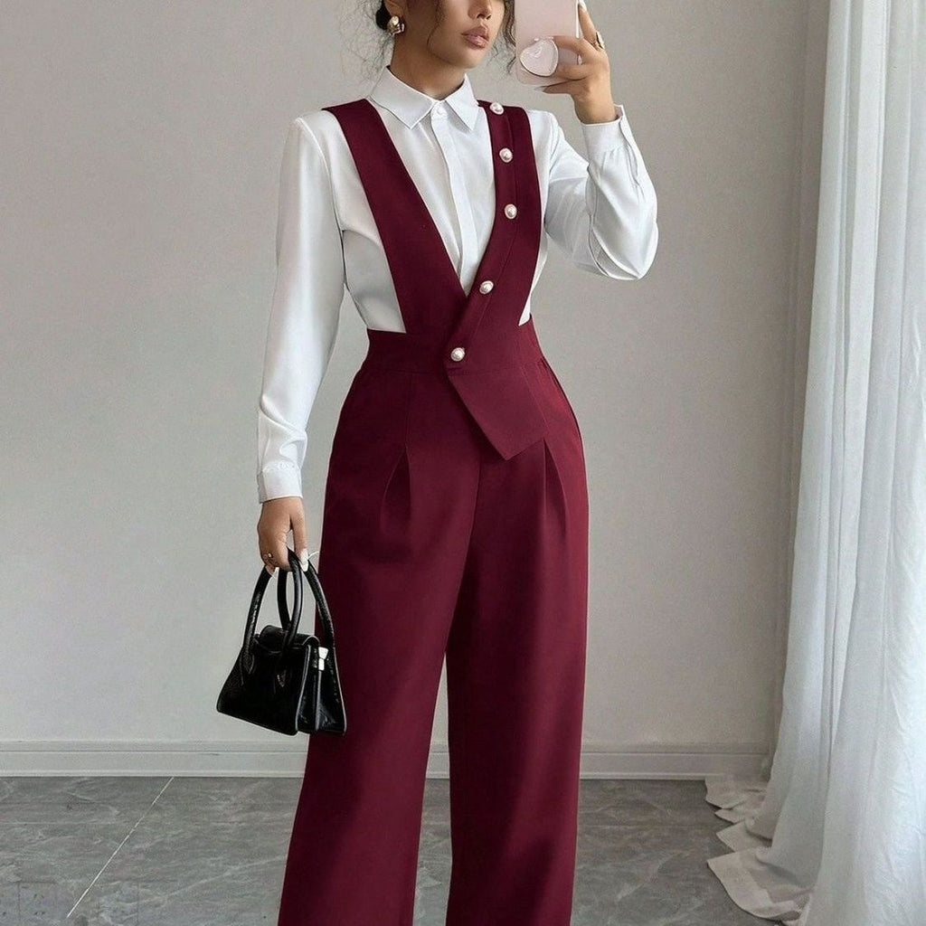 Faux Two-Piece Double-Breasted Long Sleeve Blouse