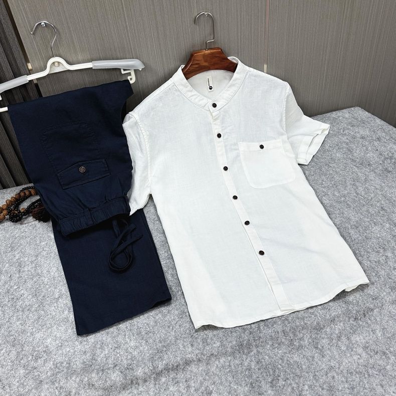 Style Summer Men's Cotton and Linen Short Sleeve T-Shirt Set, Loose Plus Size Retro Linen Two-Piece T-Shirt