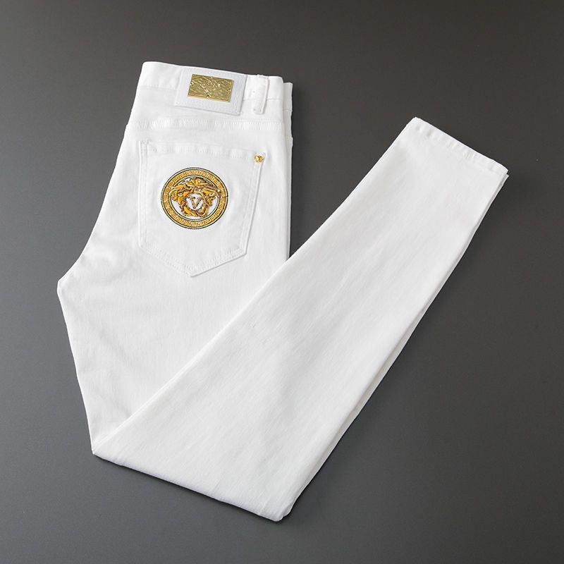 New high-end stretch embroidered pure black jeans leather