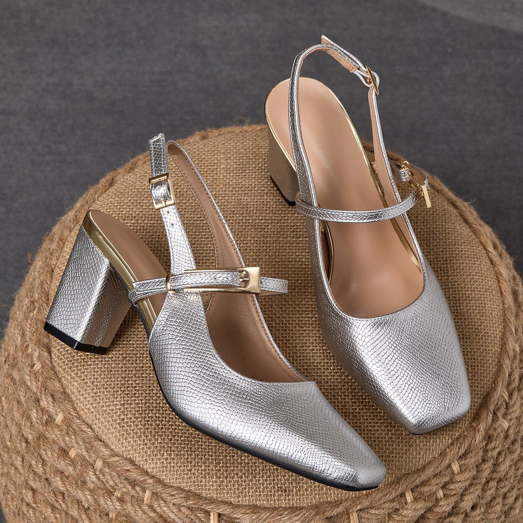 Try before you buy! Supports starting from 0 yuan. 2026 New Silver Chunky Heel Slingbacks