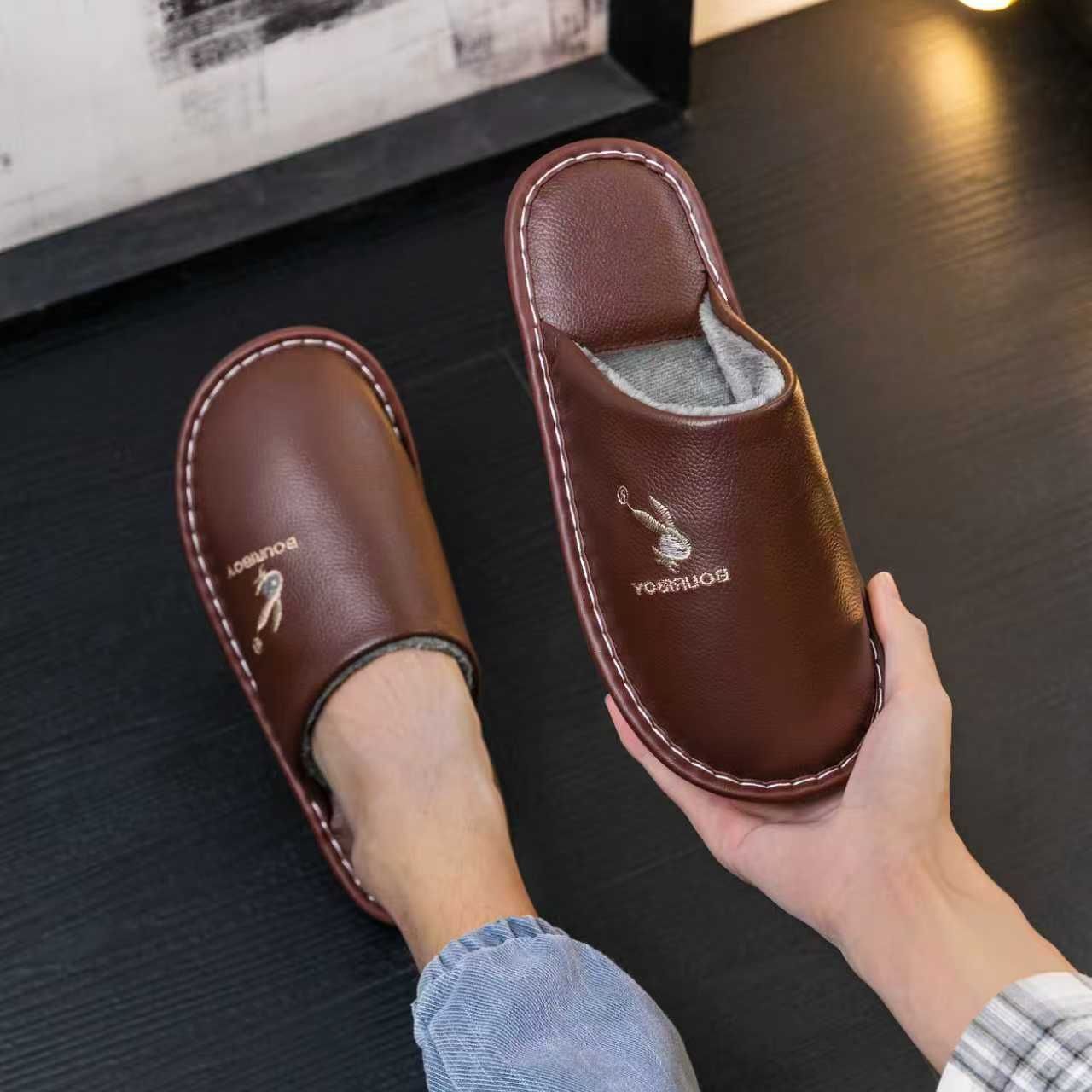 Top-grain cowhide slippers for couples in autumn and winter
