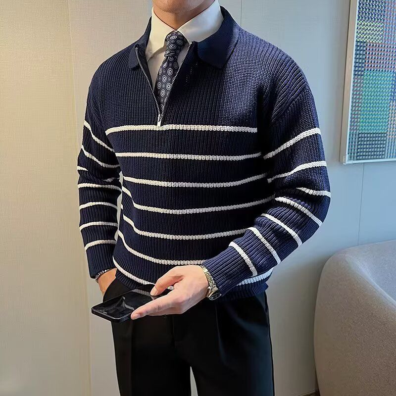 Korean style collared knit sweater for men, autumn and winter