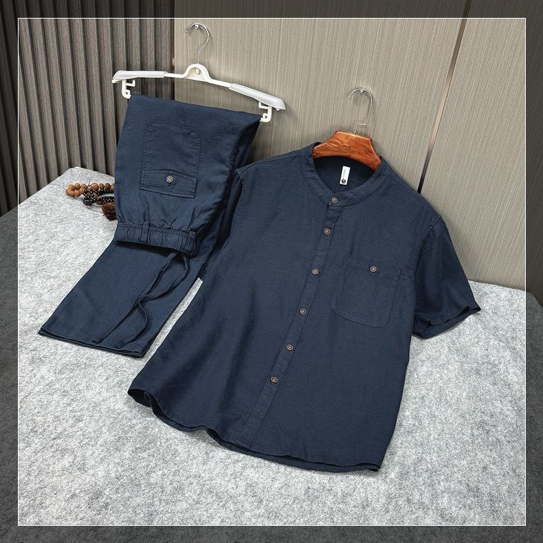 Style Summer Men's Cotton and Linen Short Sleeve T-Shirt Set, Loose Plus Size Retro Linen Two-Piece T-Shirt