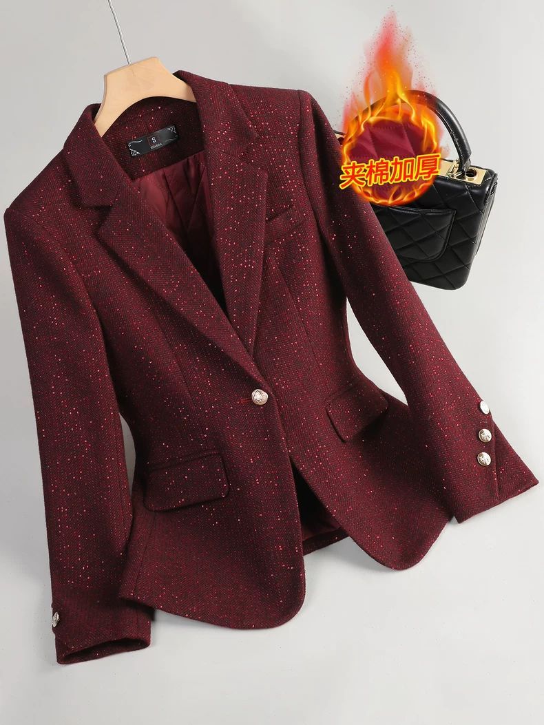 Red Commuter Wool Blazer for Women in Winter