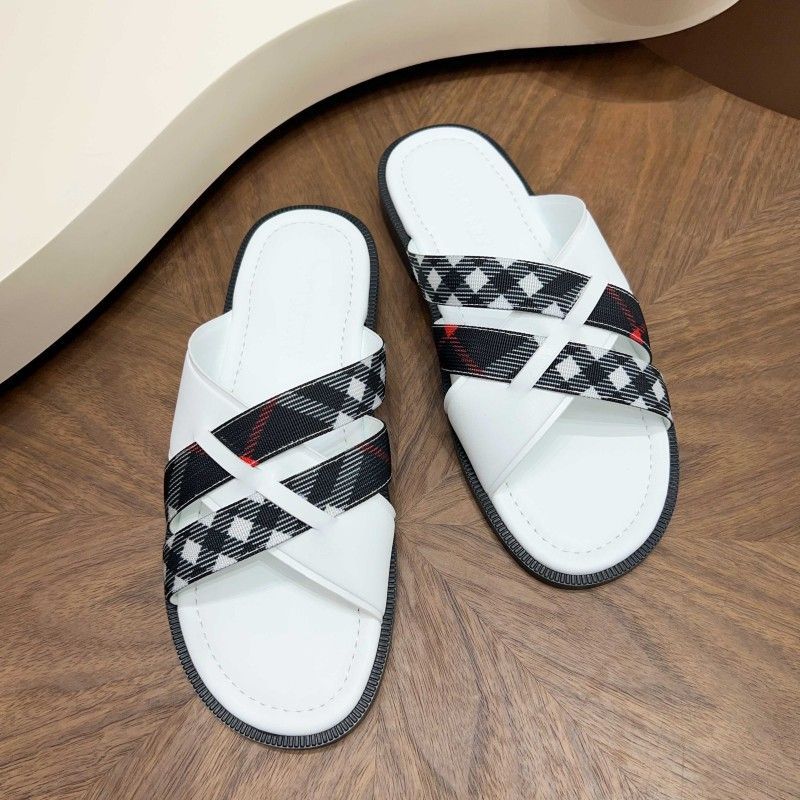 Korean version new summer plaid genuine leather slippers