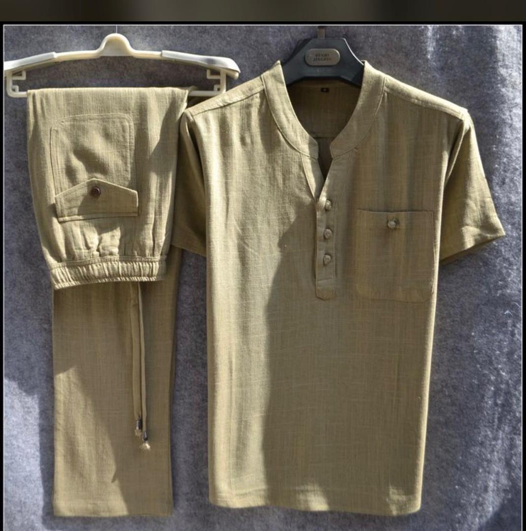 Style Summer Men's Cotton and Linen Short Sleeve T-Shirt Set, Loose Plus Size Retro Linen Two-Piece T-Shirt