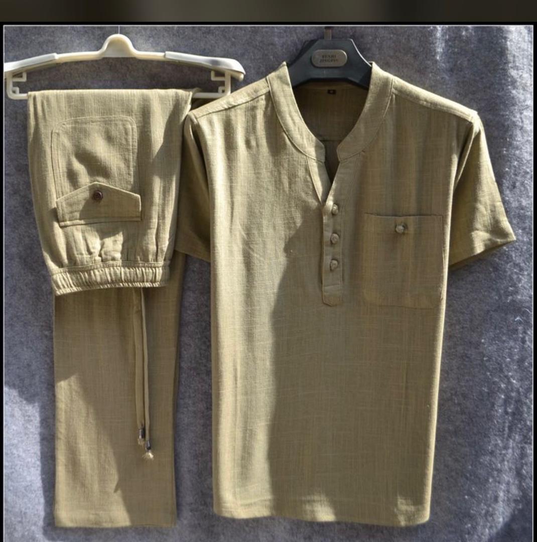 Style Summer Men's Cotton and Linen Short Sleeve T-Shirt Set, Loose Plus Size Retro Linen Two-Piece T-Shirt