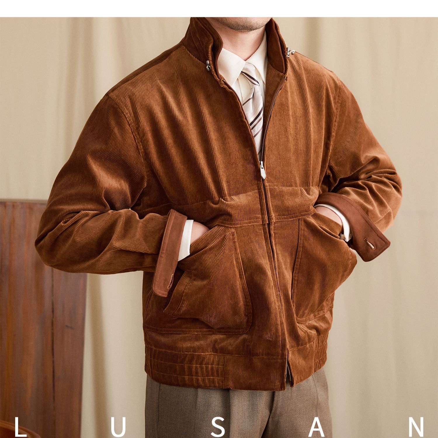 Mr. Lu San's short stand-up collar fashion commuting faux suede jacket for stylish men