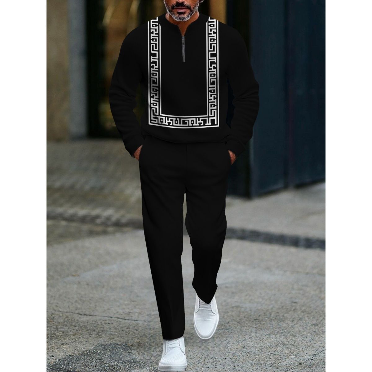 Open Front Suit Amazon Long Sleeve Set European and American Fashion Zipper Pants Men's New Style