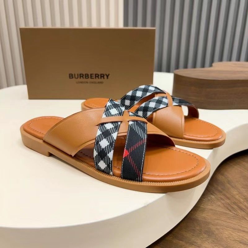 Korean version new summer plaid genuine leather slippers